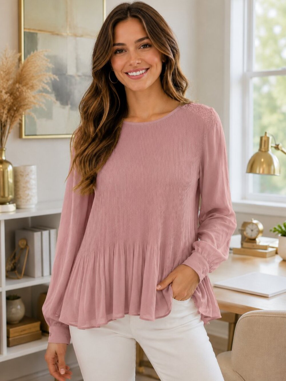 City Chic Dusty Lilac Pink Blouse Long Sleeve Lace Pleated Top 22 NWT Tie Back